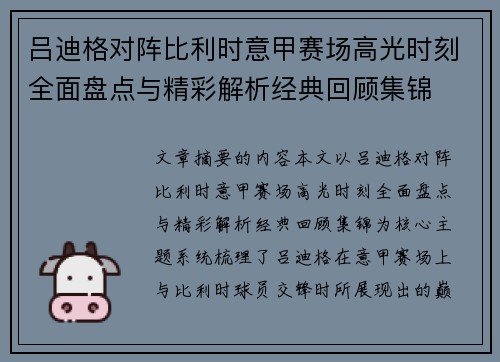 吕迪格对阵比利时意甲赛场高光时刻全面盘点与精彩解析经典回顾集锦